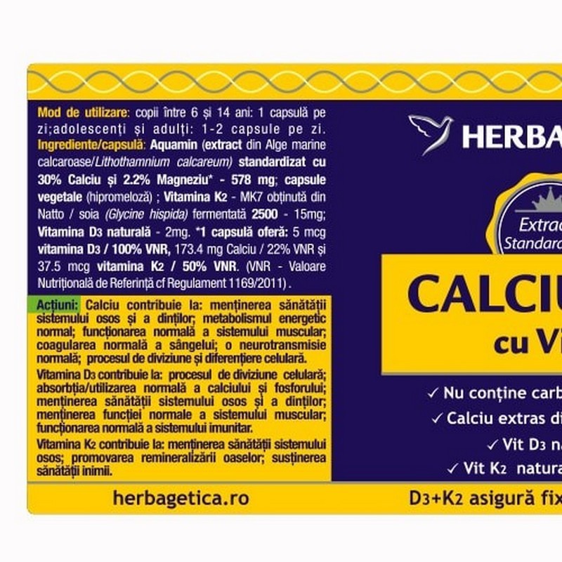 Herbagetica Calciu+D3 cu Vit K2 60cps