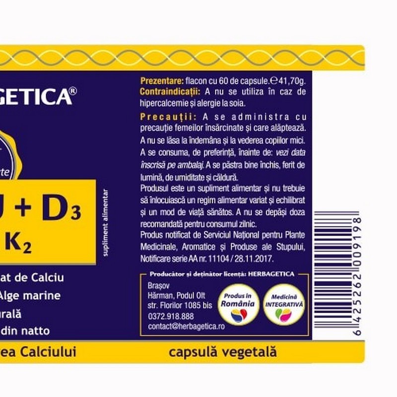 Herbagetica Calciu+D3 cu Vit K2 60cps