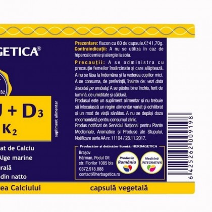 Herbagetica Calciu+D3 cu Vit K2 60cps