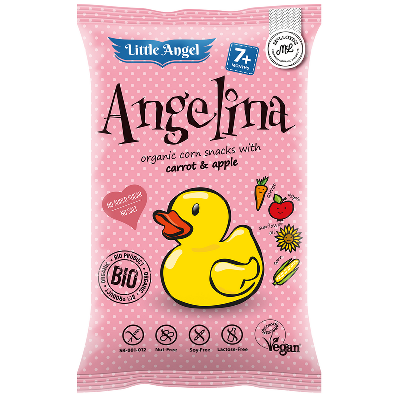 Little Angel Angelina BIO Snacks din Porumb cu Morcovi si Mere, Fara Gluten, 60g