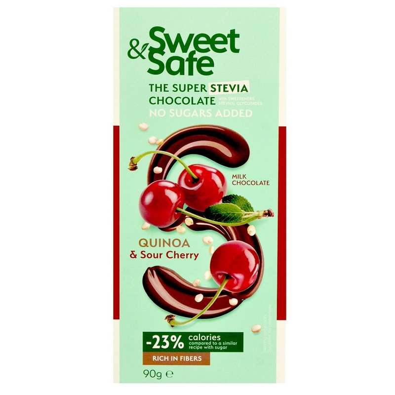 Sweet&Safe Ciocolata cu lapte, cu quinoa si visine, fara zaharuri adaugate, cu stevie, 90g