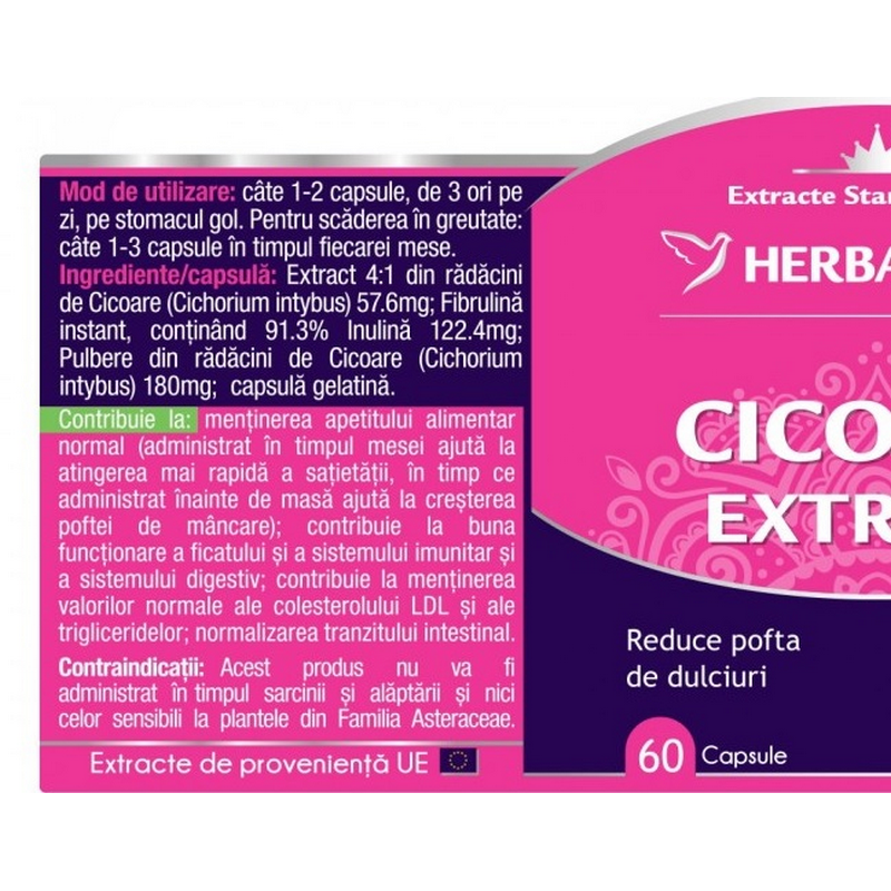 Herbagetica Extract Cicoare, reduce pofta de dulciuri, 60 cps