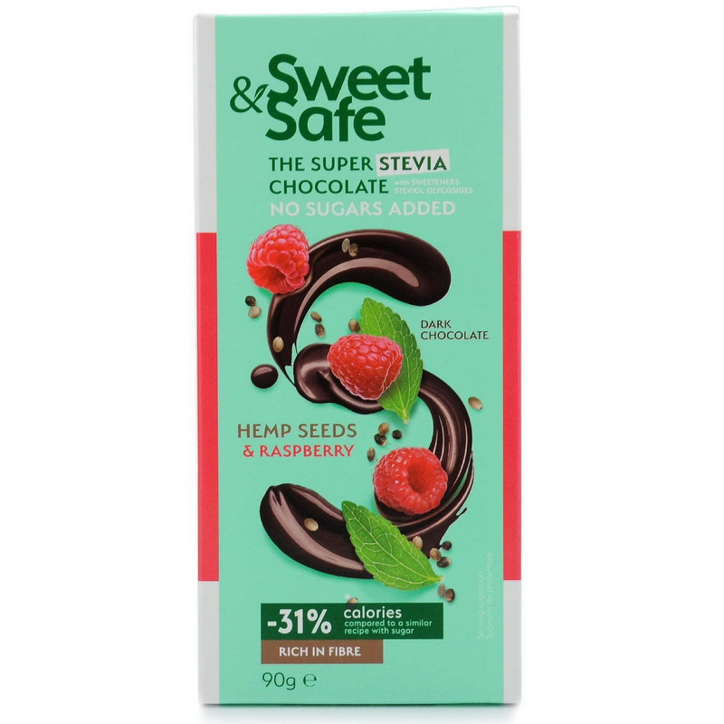 Sweet&Safe Ciocolata amaruie cu seminte de canepa si zmeura, fara zaharuri adaugate, cu Stevie, 90g