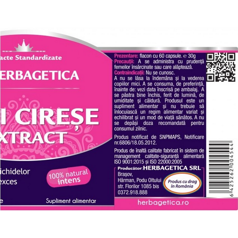 Herbagetica Extract de Cozi de Cirese, eliminare lichidelor retinute in exces, 60cps