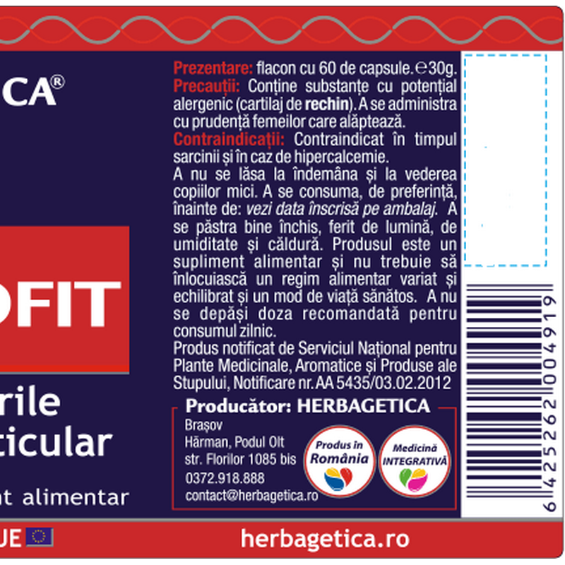 Herbagetica Reumatofit, calmeaza durerile, antiinflamator articular, 60cps