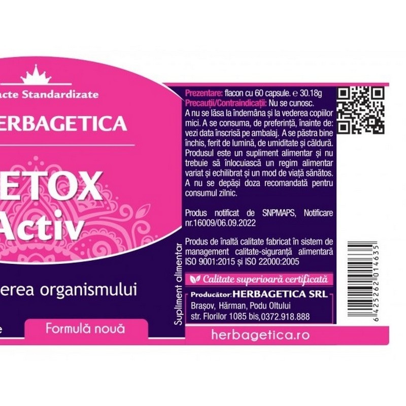 Herbagetica Detox Activ, Detoxifierea Organismului, 60 cps
