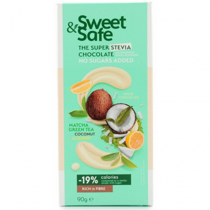 Sweet&Safe Ciocolata alba cu Matcha, ceai verde, cocos si lamaie, fara zaharuri adaugate, cu Stevia, 90g