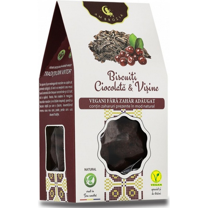 Ambrozia Biscuiti vegani cu ciocolata si visine, 150g