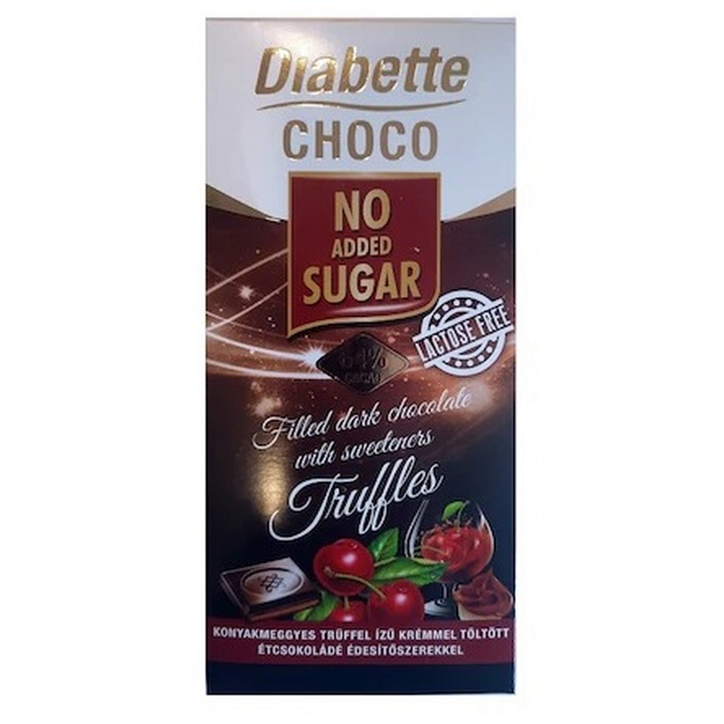 Diabette Choco Ciocolata amaruie cu crema truffel si visine in coniac, fara zahar adaugat, cu indulcitori, 80g