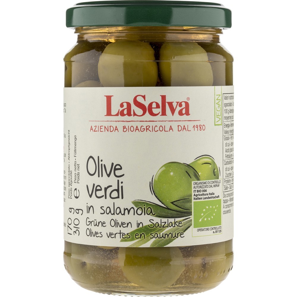 LaSelva Masline verzi bio cu samburi in saramura 310g