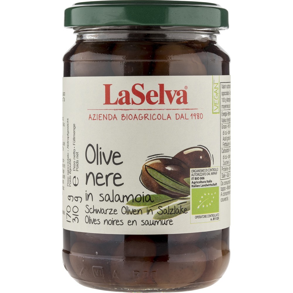 LaSelva Masline negre bio cu samburi in saramura 310g