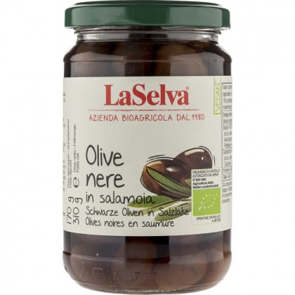 LaSelva Masline negre bio cu samburi in saramura 310g