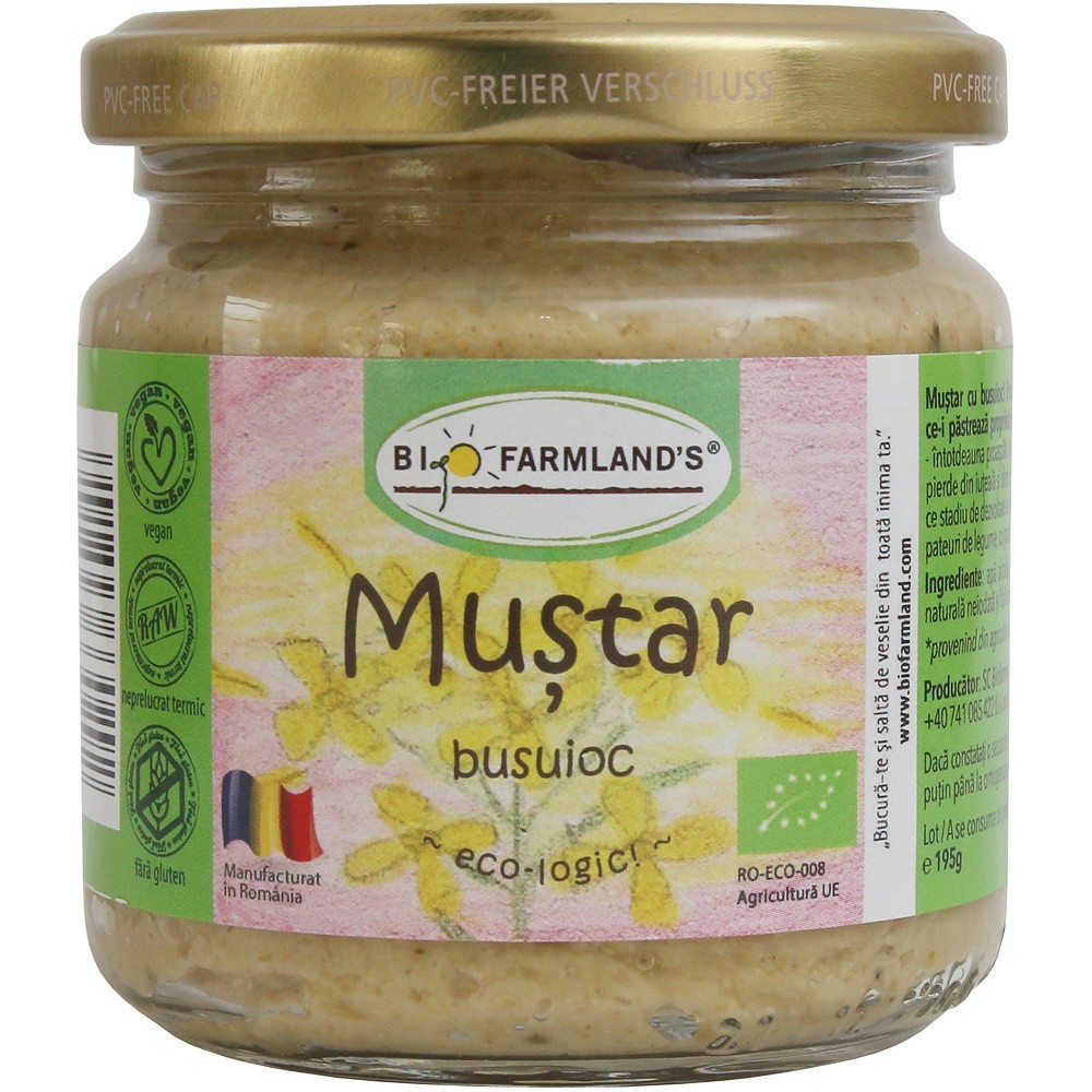 BioFarmland Bio Mustar cu busuioc 195g