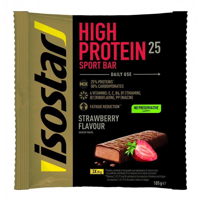 Isostar Baton sport capsuni, High Protein, 3x35g (105g)