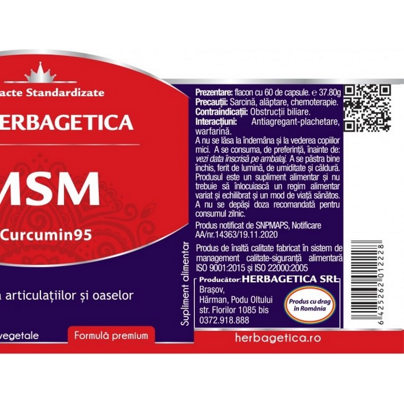 Herbagetica MSM+Curcumin95, sanatatea articulatiilor si oase, 60cps