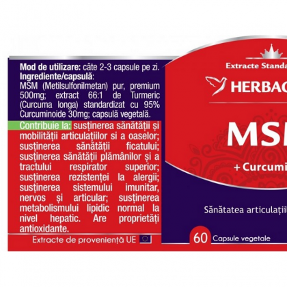 Herbagetica MSM+Curcumin95, sanatatea articulatiilor si oase, 60cps