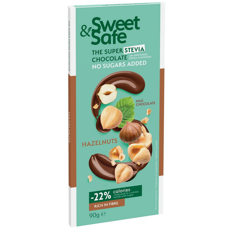 Sweet&Safe Ciocolata cu lapte si alune de padure, fara zaharuri adaugate, cu stevie, 90g