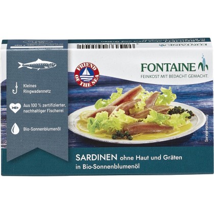 Fontaine Sardine fara piele si oase in ulei bio de floarea-soarelui 125g